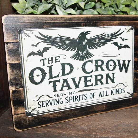 NEW Distressed Black OLD CROW TAVERN Rustic Farmhouse Wall Decor Sign - Picture 2 of 5